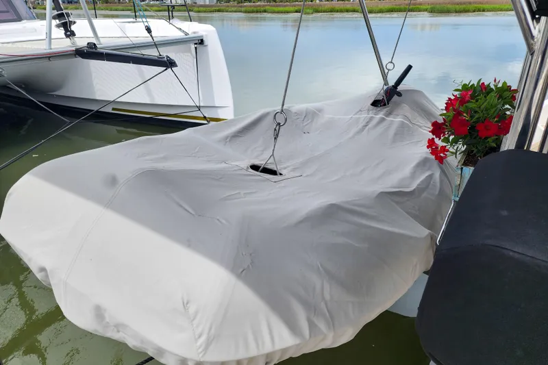 Slide: The Image of Covered dinghy on Leopard 45 catamaran, 2020 model, with red flowers nearby. - 9