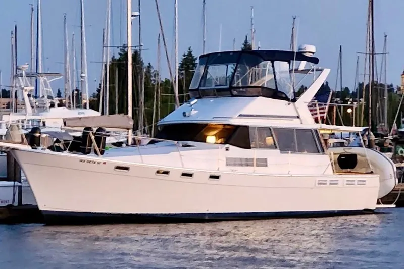 The Image of 1988 Bayliner 3888 Motoryacht docked at marina, surrounded by sailboats. - 0