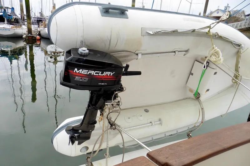 Slide: The Image of Inflatable boat with Mercury 5.0 motor on Bayliner 3888 Motoryacht, 1988 model. - 4
