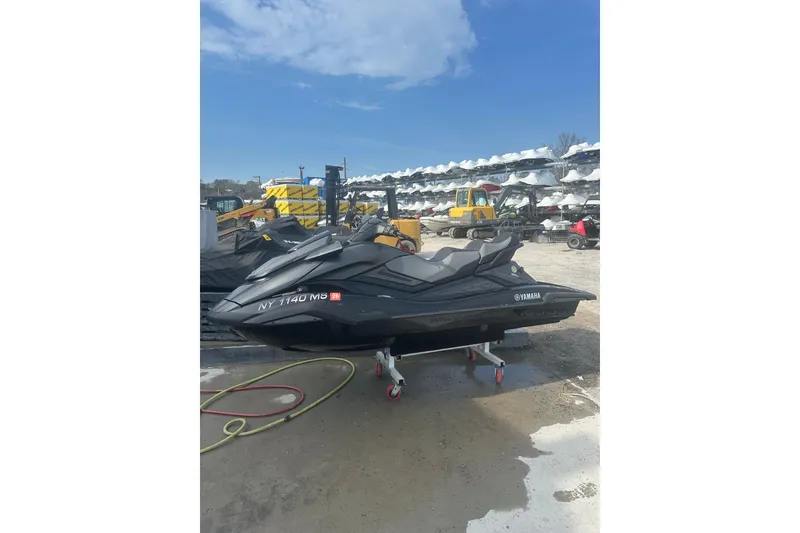 Slide: The Image of 2021 Yamaha WaveRunner FX Cruiser SVHO jet ski on a stand outdoors. - 3