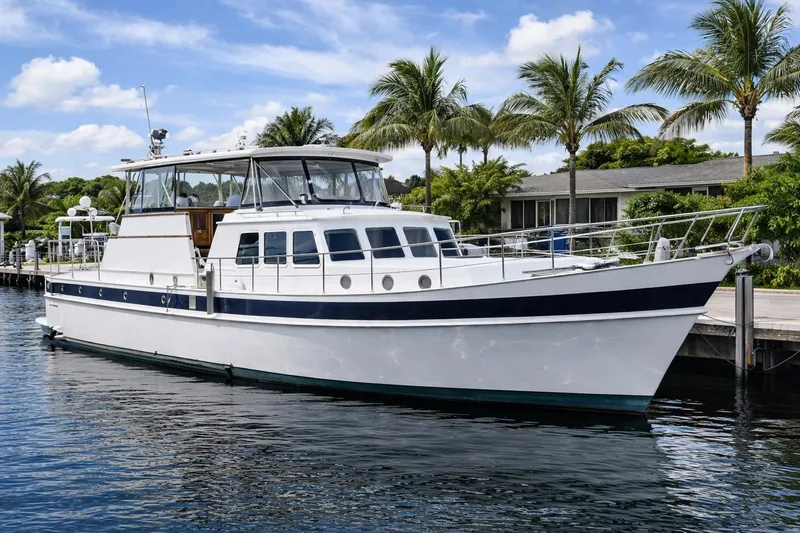 The Image of Custom 1982 Virpack Steel Hull yacht docked by palm trees under a clear blue sky. - 0