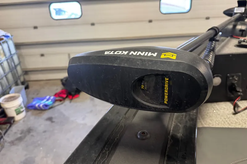 Slide: The Image of Minn Kota PowerDrive trolling motor on 2023 Tracker Targa V-19 WT boat in garage. - 12