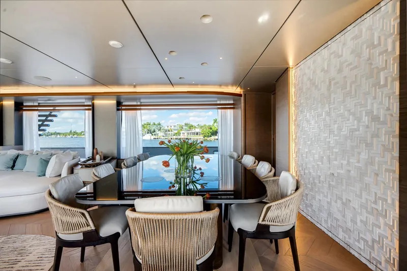 Slide: The Image of Luxurious interior of 2026 Azimut Magellano 30M yacht with elegant dining area and scenic views. - 59