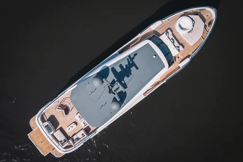 Slide: The Image of Aerial view of 2026 Azimut Magellano 30M yacht with sleek design and spacious deck. - 6