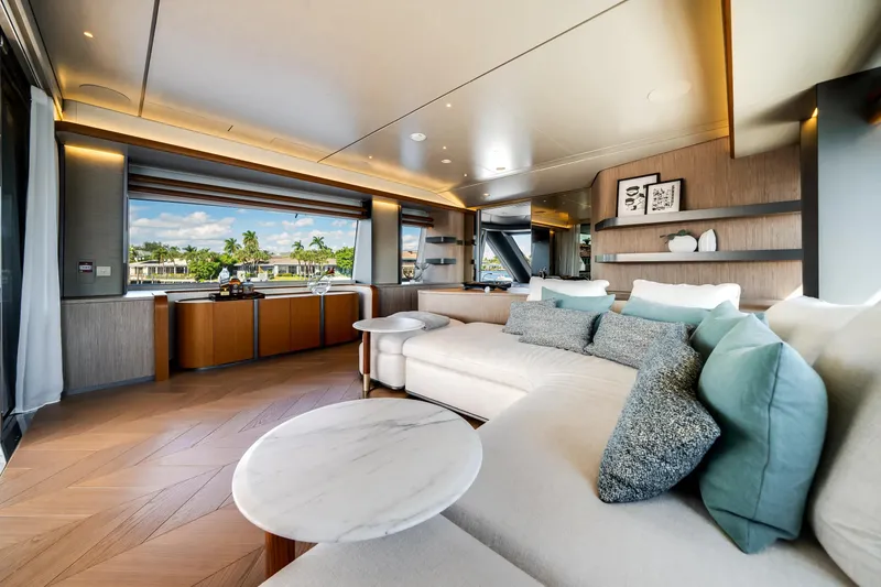 Slide: The Image of Luxurious interior of 2026 Azimut Magellano 30M yacht with elegant furnishings and scenic views. - 66