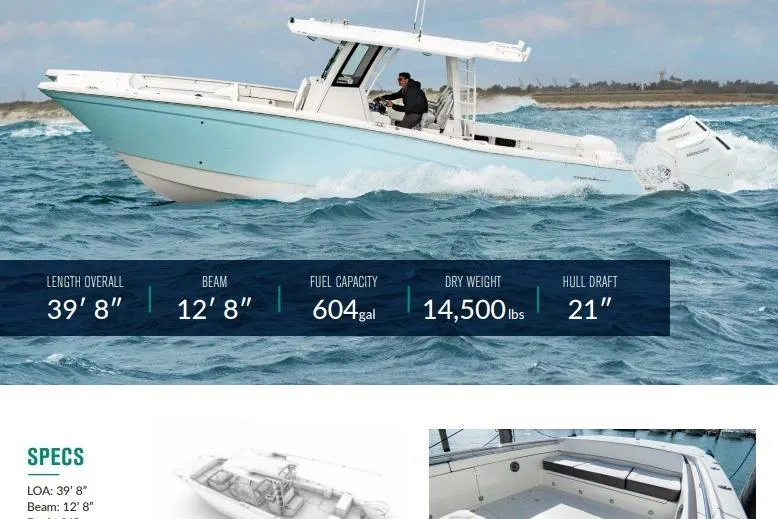 Slide: The Image of 2026 World Cat 400 CC-X boat cruising on ocean, showcasing specifications. - 21