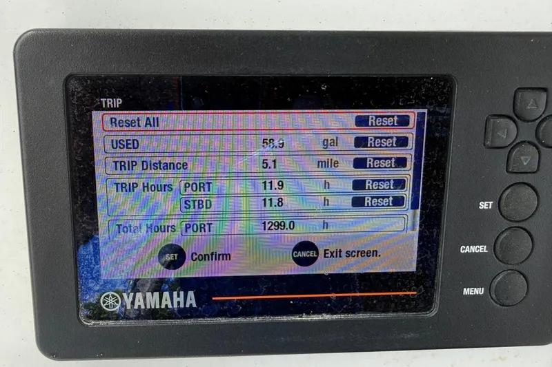 Slide: The Image of Yamaha display showing trip data for 2022 Century 2600 Center Console boat. - 36