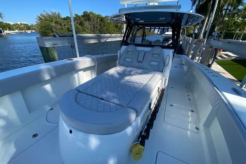 Slide: The Image of 2019 Freeman 42LR boat with spacious seating, docked by a scenic waterfront. - 29