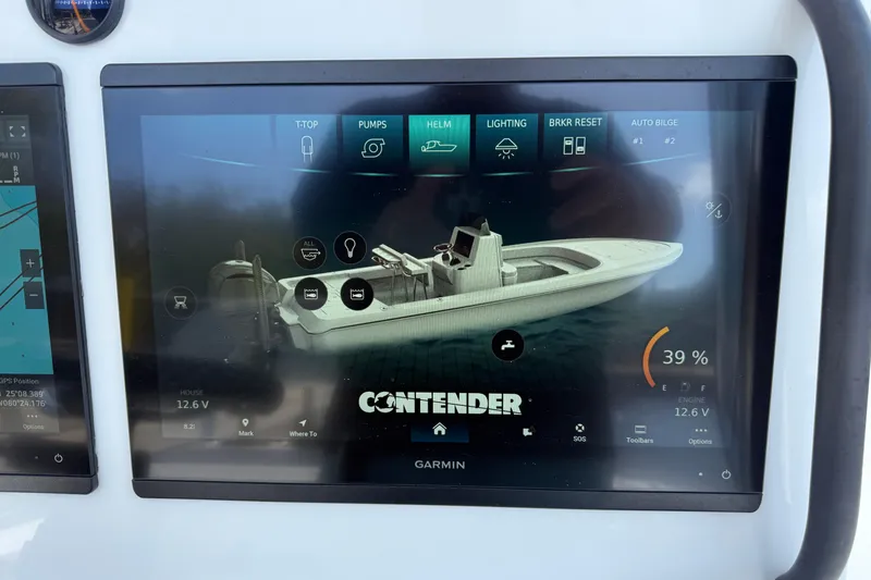 Slide: The Image of Garmin display showing 2025 Contender 26 Bay boat controls and status. - 35