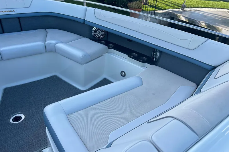 Slide: The Image of 2019 Formula 350 Crossover Bowrider I/O interior with plush seating and modern design. - 39