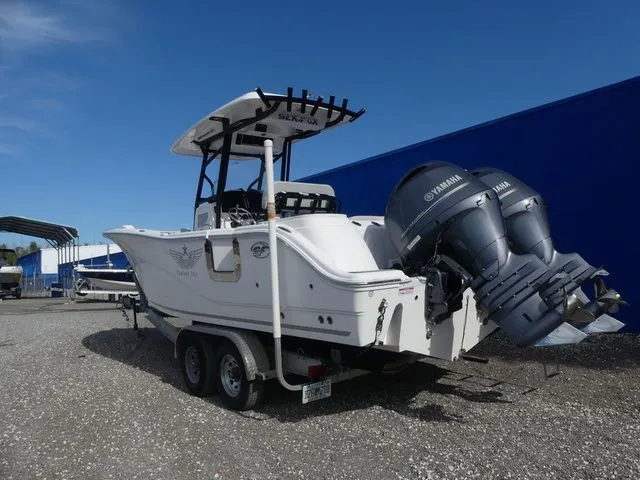Slide: The Image of 2023 Sea Fox 268 Commander boat with Yamaha engines on trailer. - 7
