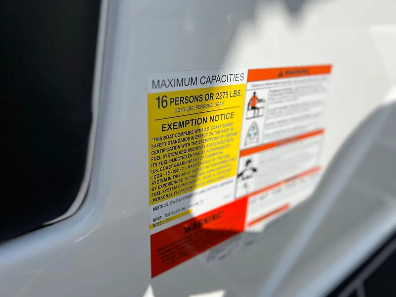 Slide: The Image of Tigé Z3 2023 boat label showing capacity and safety information. - 24