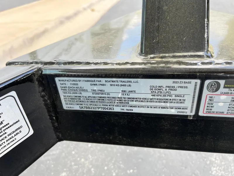 Slide: The Image of Close-up of a 2023 Tigé Z3 boat trailer label. - 41