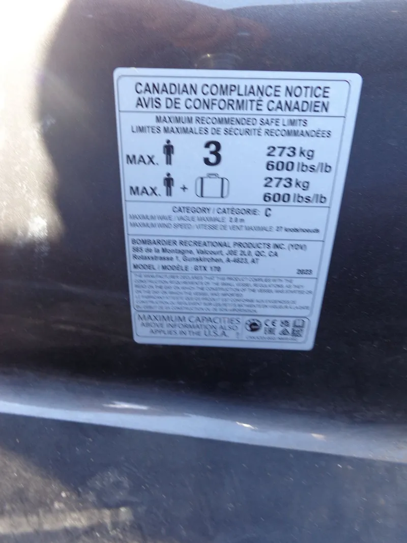 Slide: The Image of Canadian compliance notice on Sea-Doo GTX 170 IBR 2023. - 19