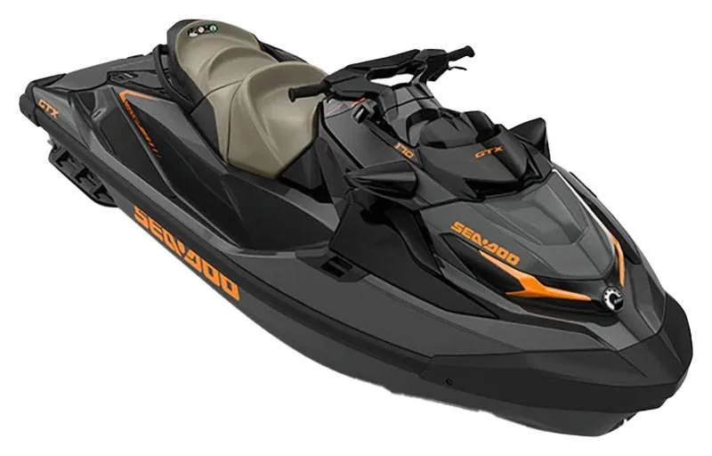 Slide: The Image of 2023 Sea-Doo GTX 170 IBR jet ski in black and orange. - 22