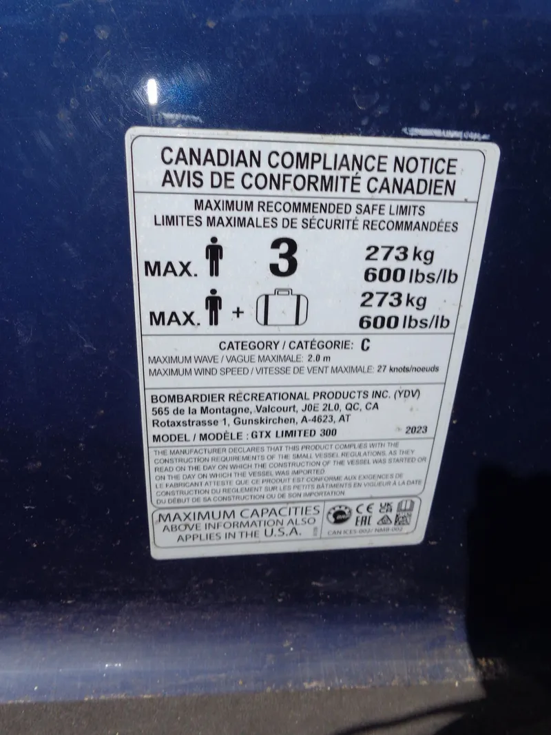 Slide: The Image of Canadian compliance notice on Sea-Doo GTX Limited 300, 2023 model. - 11