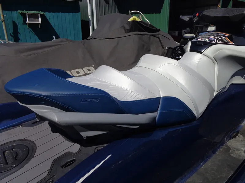 Slide: The Image of 2023 Sea-Doo GTX Limited 300 iDF seat in blue and white. - 8