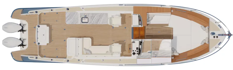 Slide: The Image of Top view of 2026 MJM 38RS boat layout with twin engines and spacious deck. - 20