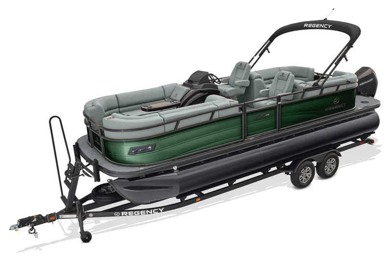 Slide: The Image of 2026 Regency 230 DL pontoon boat on trailer, featuring sleek design and comfortable seating. - 14