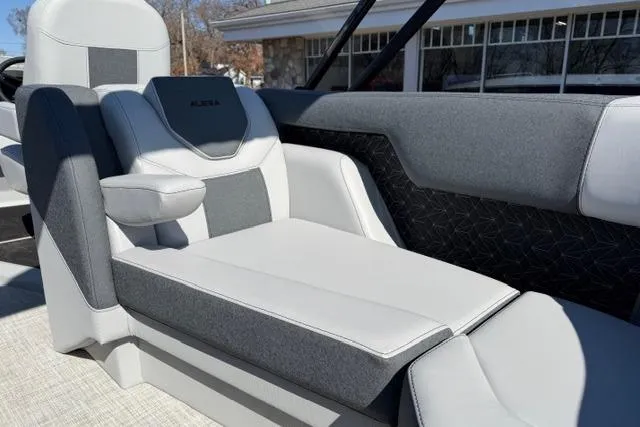 Slide: The Image of 2026 Alera M 23Q boat interior with modern gray and white seating design. - 20