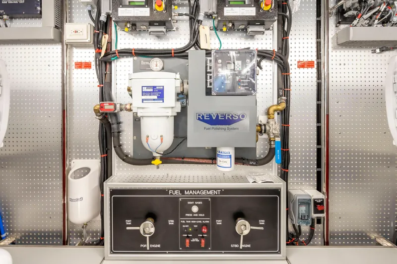 Slide: The Image of Fuel management system in a 2023 Fleming 85 yacht engine room. - 74
