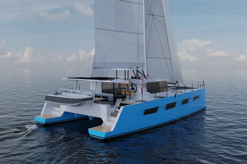 Slide: The Image of Modern Vision 484 catamaran sailing on calm ocean, 2026 model, featuring sleek design and spacious deck. - 3