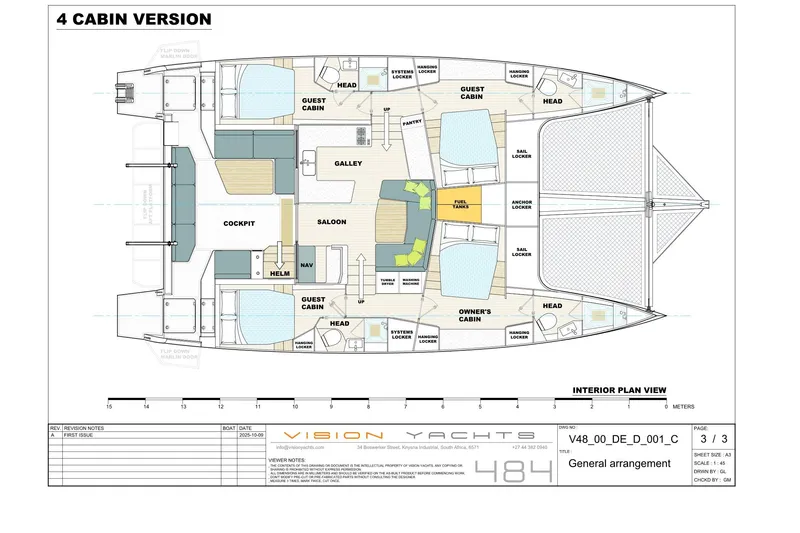 Slide: The Image of Floor plan of Vision 484 yacht, 2027 model, featuring four cabins and a saloon. - 5