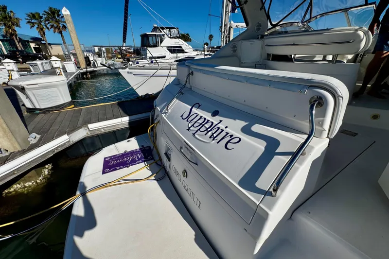 Slide: The Image of 2004 Regal Commodore 3860 yacht named "Sapphire" docked at marina, Corpus Christi, TX. - 25
