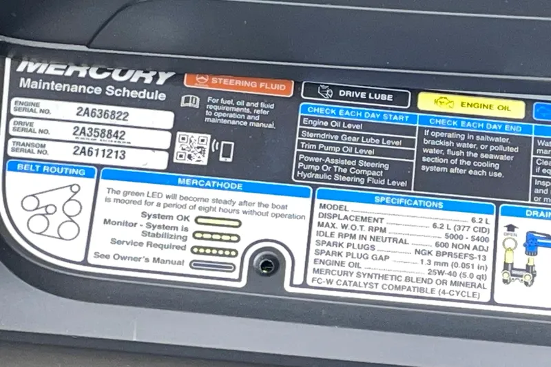 Slide: The Image of 2019 Rinker 370 EX maintenance schedule label with engine specifications and serial numbers. - 34