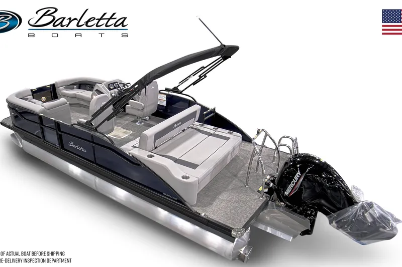 Slide: The Image of 2026 Barletta ARIA 22UC pontoon boat, rear view, showcasing seating and motor. - 2