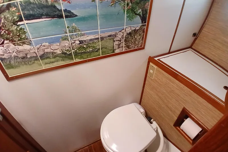 Slide: The Image of Kadey-Krogen 38 yacht bathroom with scenic tile mural, 1985 model. - 40