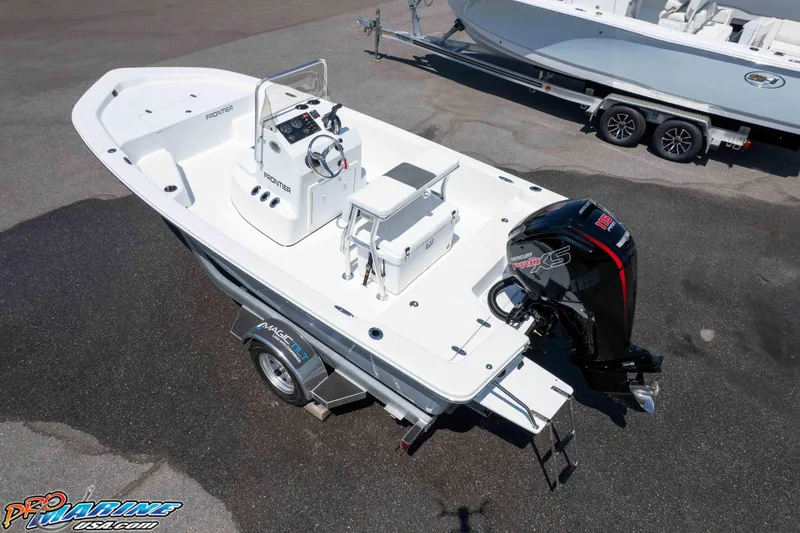 Slide: The Image of 2026 Frontier 180 boat with Mercury Pro XS engine on trailer. - 12