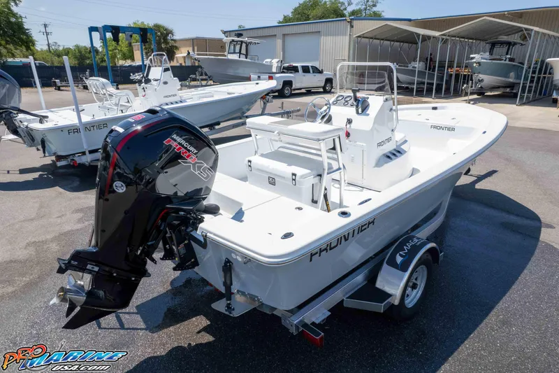 Slide: The Image of 2026 Frontier 180 boat with Mercury Pro XS engine on trailer at marina. - 16