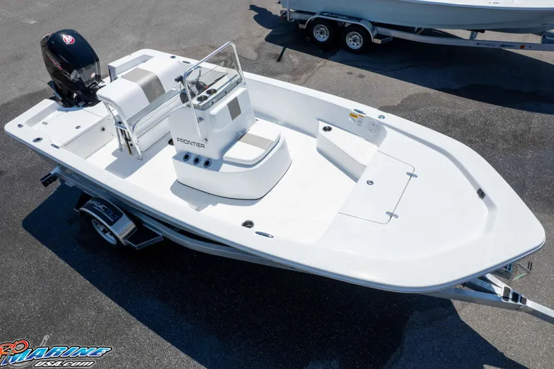 Slide: The Image of 2026 Frontier 180 boat on trailer, featuring sleek design and modern outboard motor. - 3