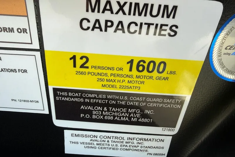 Slide: The Image of 2026 Avalon Catalina Elite 23 capacity label: 12 persons or 1600 lbs, 250 HP max. - 16