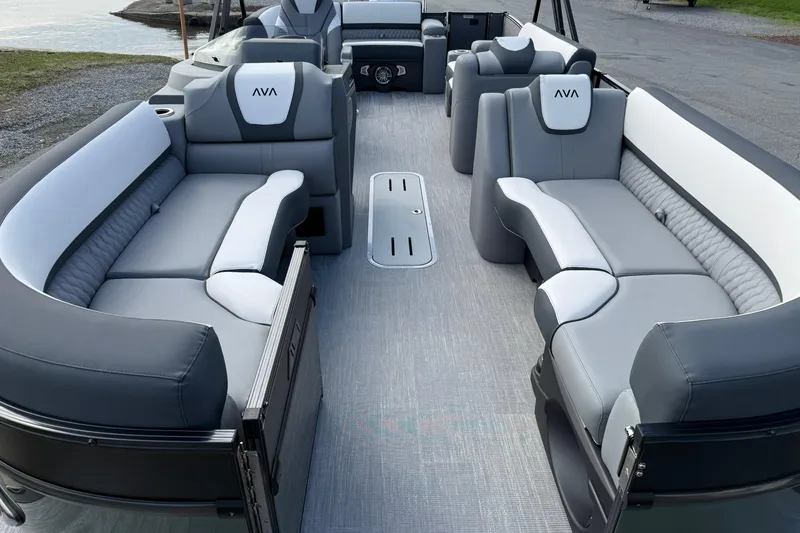 Slide: The Image of 2026 Avalon Catalina Elite 23 pontoon boat with luxurious gray seating and spacious layout. - 7
