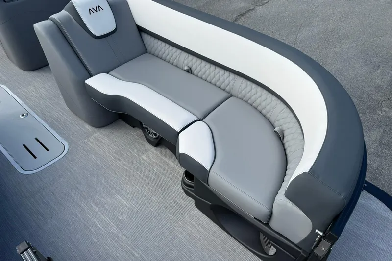Slide: The Image of Luxurious seating on 2026 Avalon Catalina Elite 23 pontoon boat, featuring elegant gray upholstery. - 8