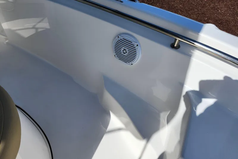 Slide: The Image of 2019 Key West 189 FS boat interior with speaker and railing detail. - 13