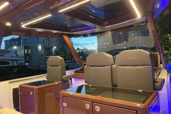 Slide: The Image of Luxurious interior of 2024 Fjord 41 XP yacht with modern seating and ambient lighting. - 38