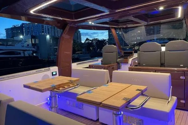 Slide: The Image of Luxurious 2024 Fjord 41 XP yacht interior with modern seating and ambient lighting. - 37