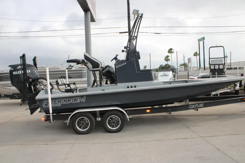 Slide: The Image of 2026 Freedom Boats 24 Defender on trailer, featuring Suzuki outboard motor. - 5