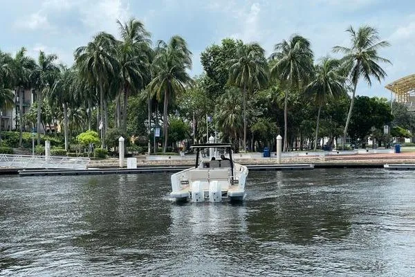 Slide: The Image of 2023 Fjord 38 Xpress boat cruising near a tropical shoreline with palm trees. - 44