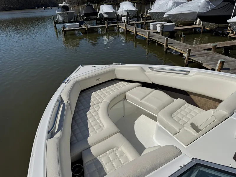 Slide: The Image of 2017 Cobalt R5 boat with luxurious interior at the dock. - 27