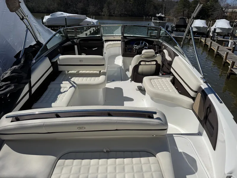 Slide: The Image of Interior of a 2017 Cobalt R5 boat at the dock. - 8