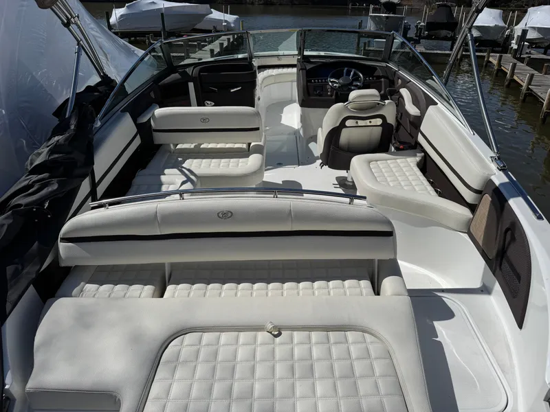 Slide: The Image of Interior of a 2017 Cobalt R5 boat with white seating. - 9
