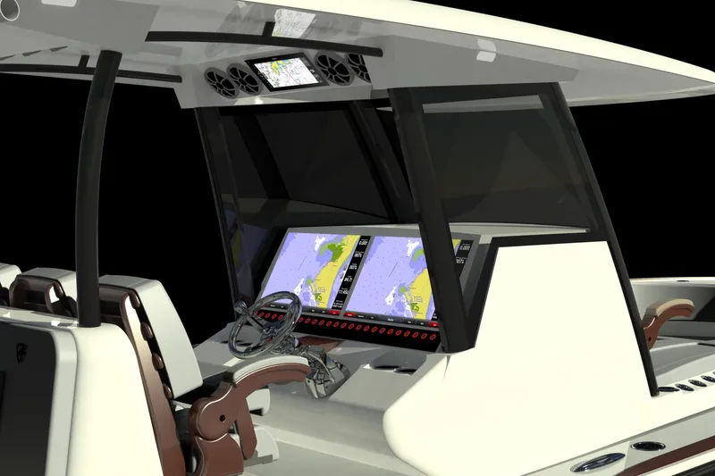 Slide: The Image of 2027 Barker Boatworks 34HPC helm with advanced navigation displays and sleek design. - 1