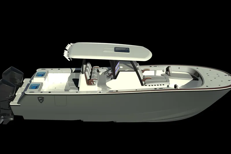 Slide: The Image of 2027 Barker Boatworks 34HPC, sleek design, center console, dual engines, modern features. - 2