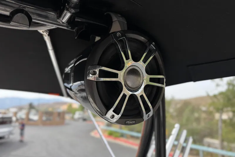 Slide: The Image of Close-up of a speaker on a 2019 Bayliner VR6 Bowrider I/O boat. - 17