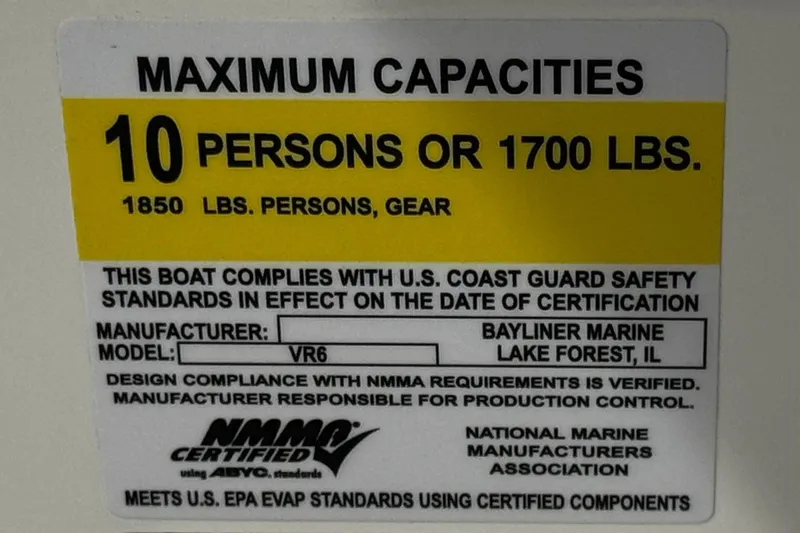 Slide: The Image of 2019 Bayliner VR6 Bowrider I/O capacity label, 10 persons or 1700 lbs, NMMA certified. - 40