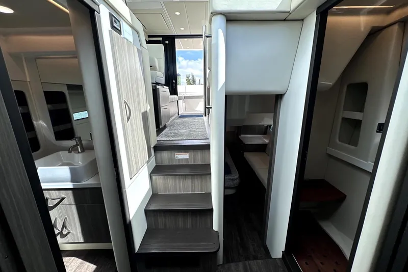 Slide: The Image of Interior view of 2021 Regal 38 XO yacht, featuring modern design and compact layout. - 37